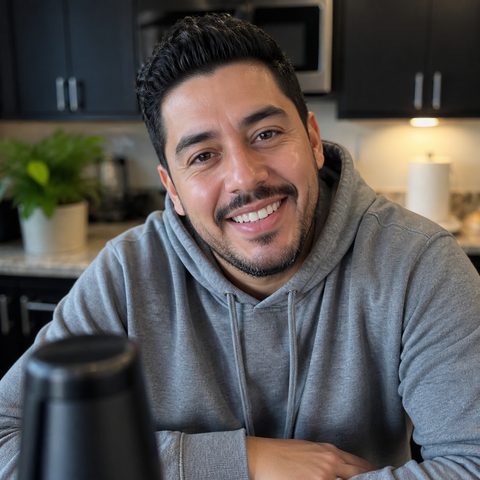 Person filming a product review at home